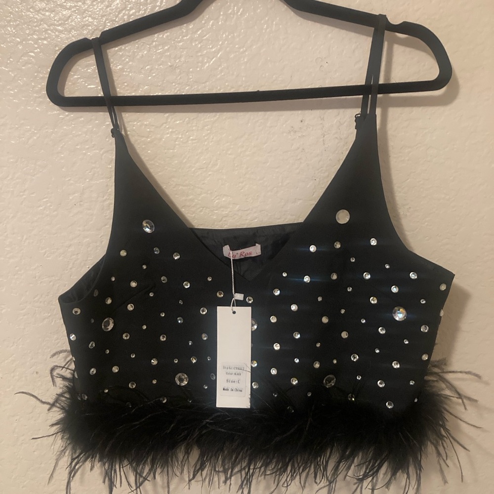 Black Feathered Crop Top with Rhinestones